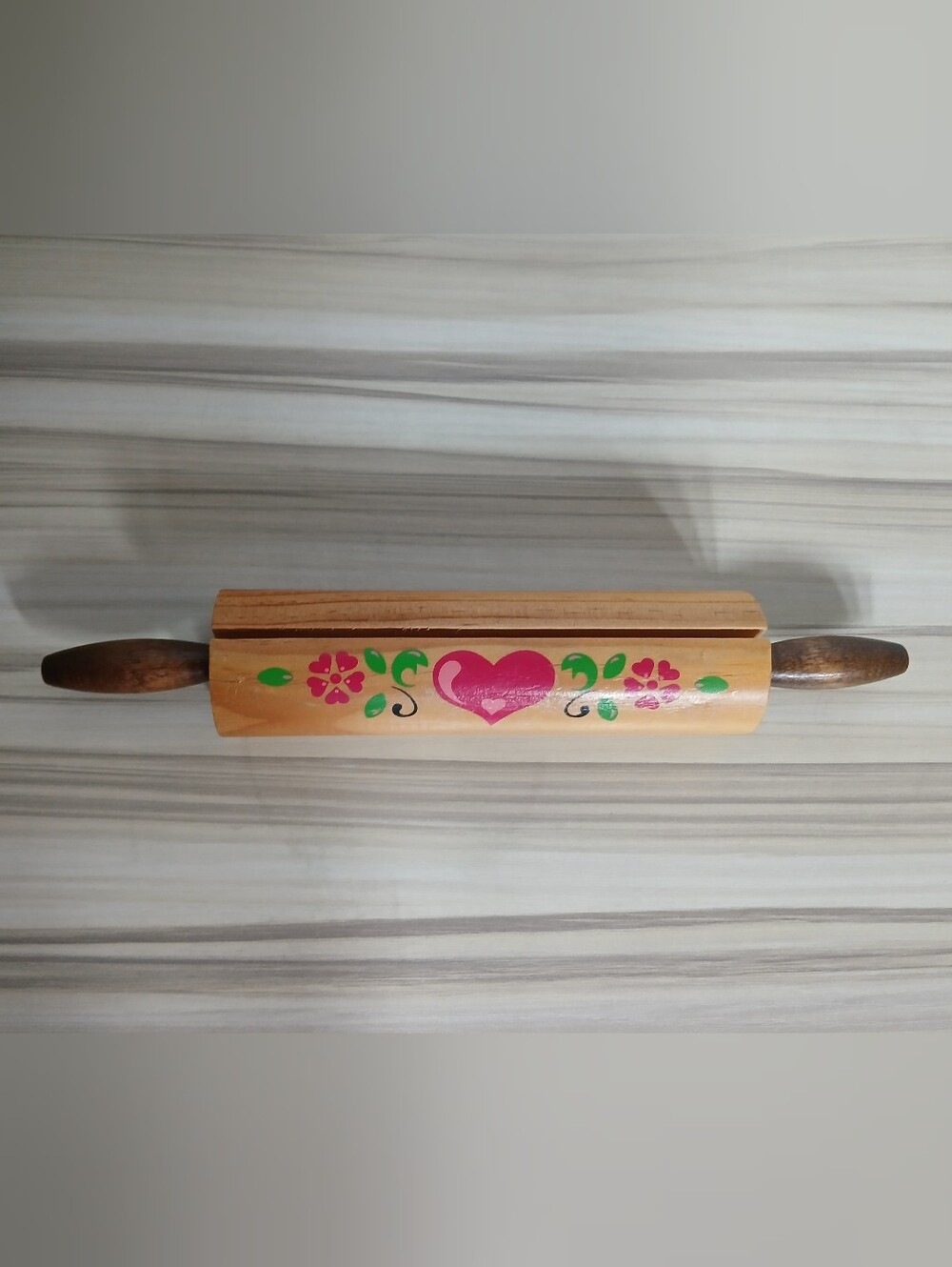 Vintage Giftco Wood Rolling Pin Recipe Card Holder Country Hearts Farmhouse